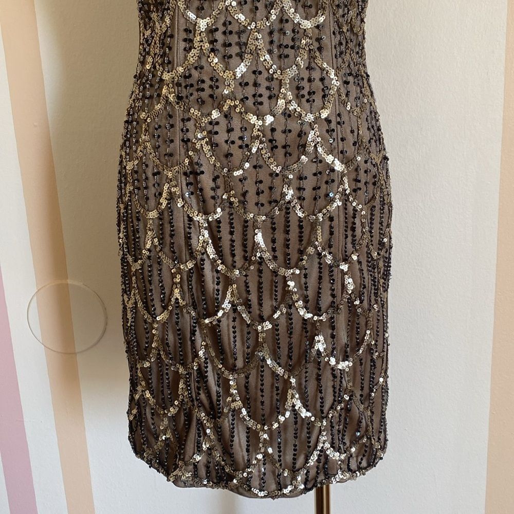 Sue Wong Nocturne Vintage Black ad Nude/ Cream Beaded Sequin Cocktail Dress Sz 8 - Picture 4 of 13